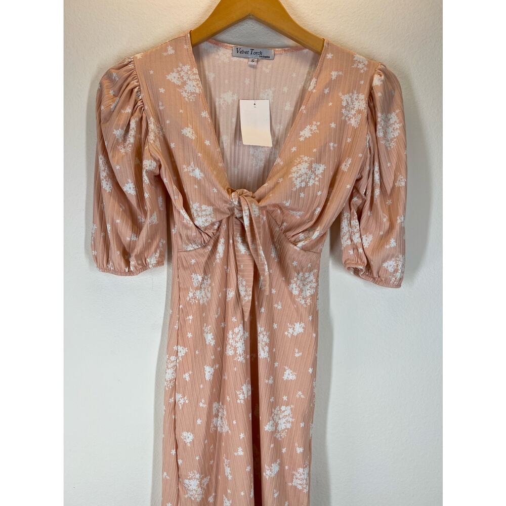 Velvet Torch Nordstrom NWT S Floral Balloon Sleeve Tie Front Dress Cottage Core - Picture 2 of 5